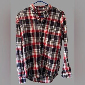 American Eagle Men's Plaid Shirt - Red, Black, and White